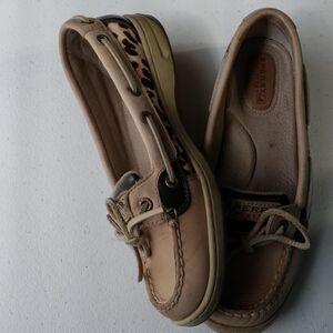 Sperry leopard print leather topsiders tan brown